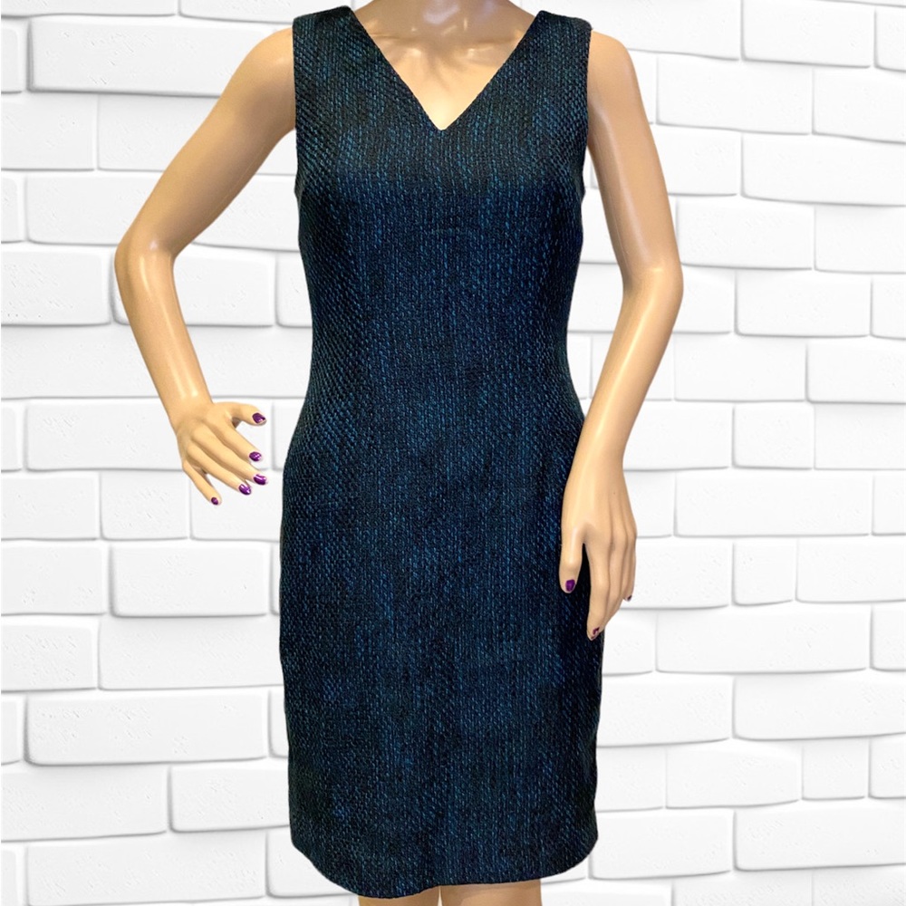 Banana Republic Black Blue Boucle V-Neck Sleeveless Sheath Dress Sz 0 Petite NWT